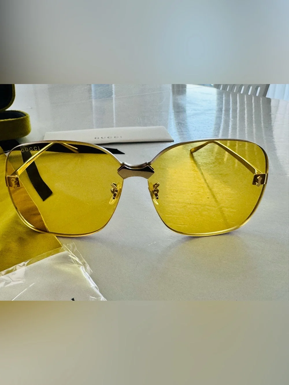 Authentic Gucci GG0355S 005 Gold Rimless Yellow Lens Sunglasses Complete Set Jap
